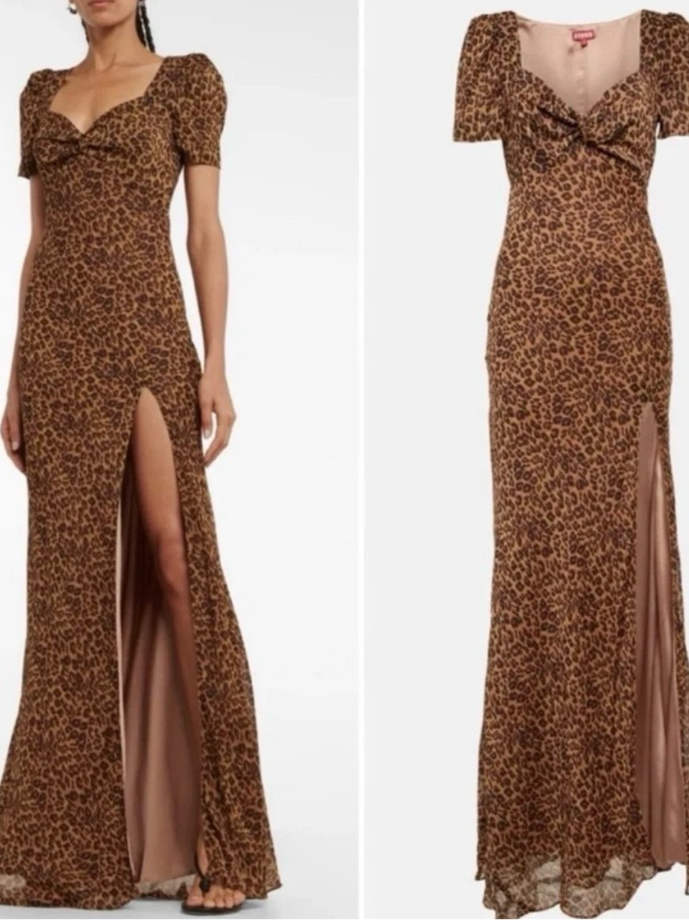 STAUD Brown Leopard-Print Square-Neck Maxi Dress with Front Slit, Size 4